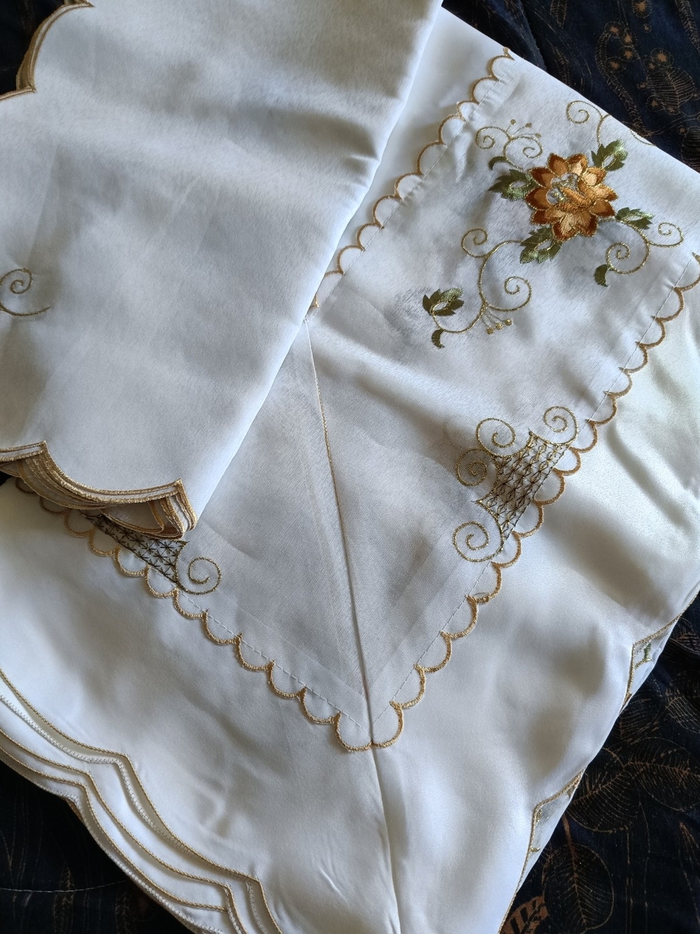 Vintage White Tablecloth with Gold and Olive Floral Embroidery